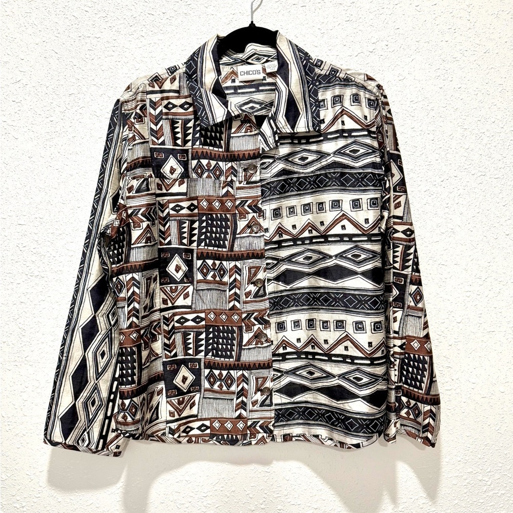 Chico's Men's silk Tribal Pattern Jacket‎ - Black, Brown, White 12